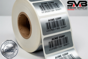 Example of custom-printed 3M Silver Labels with logo and barcode used in industrial applications.