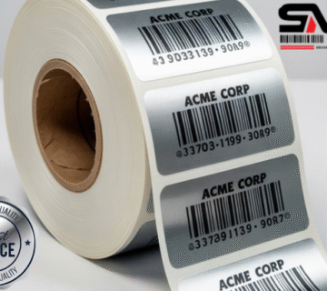 Example of custom-printed 3M Silver Labels with logo and barcode used in industrial applications.