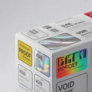 Tamper proof labels including VOID labels and holographic security stickers used for product security in UAE.