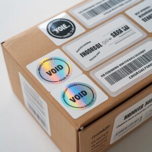 “Tamper proof stickers including holographic and VOID labels used to prevent counterfeiting in UAE.”