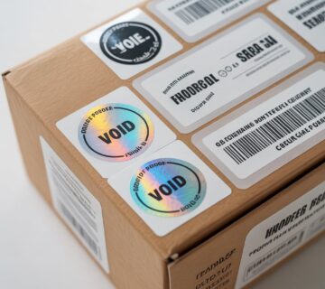 “Tamper proof stickers including holographic and VOID labels used to prevent counterfeiting in UAE.”