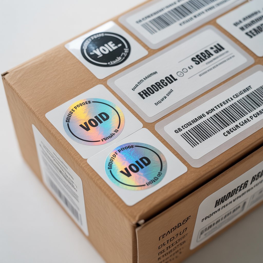 “Tamper proof stickers including holographic and VOID labels used to prevent counterfeiting in UAE.”