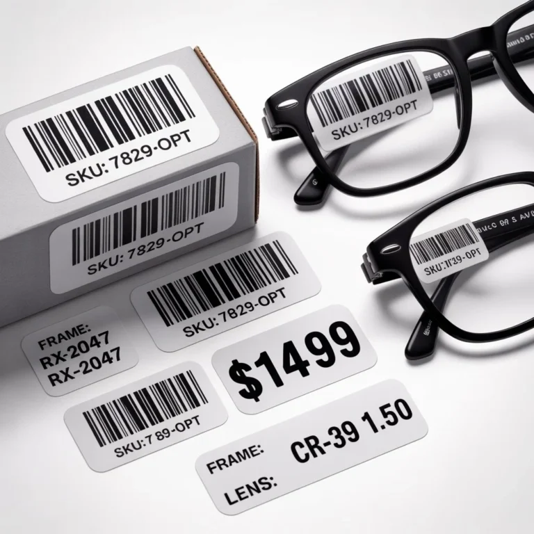 High-quality optical labels for eyewear stores in UAE, including price tags and barcode labels.
