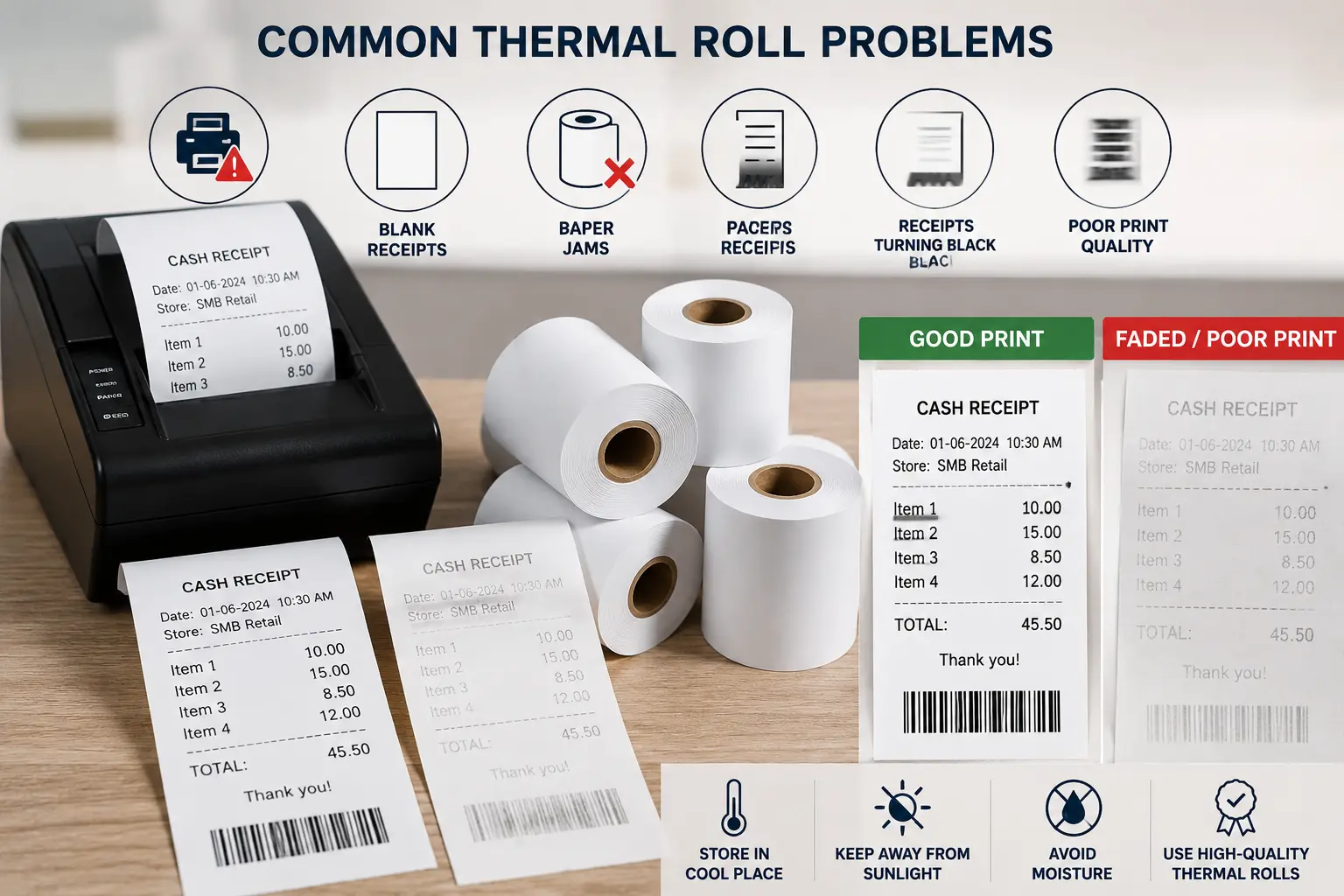 Thermal roll printing issues and receipt paper quality comparison