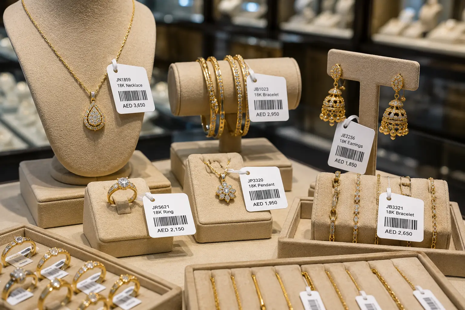 Jewellery labels used for barcode tracking and inventory management in retail stores