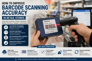 Retail barcode scanner reading barcode labels accurately during inventory management