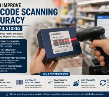 Retail barcode scanner reading barcode labels accurately during inventory management