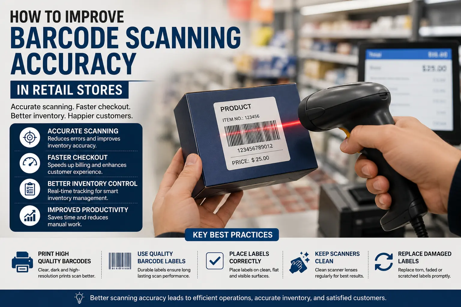 Retail barcode scanner reading barcode labels accurately during inventory management