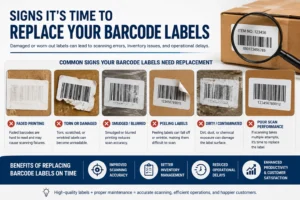 Damaged barcode labels showing signs they need replacement for better scanning accuracy