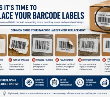 Damaged barcode labels showing signs they need replacement for better scanning accuracy