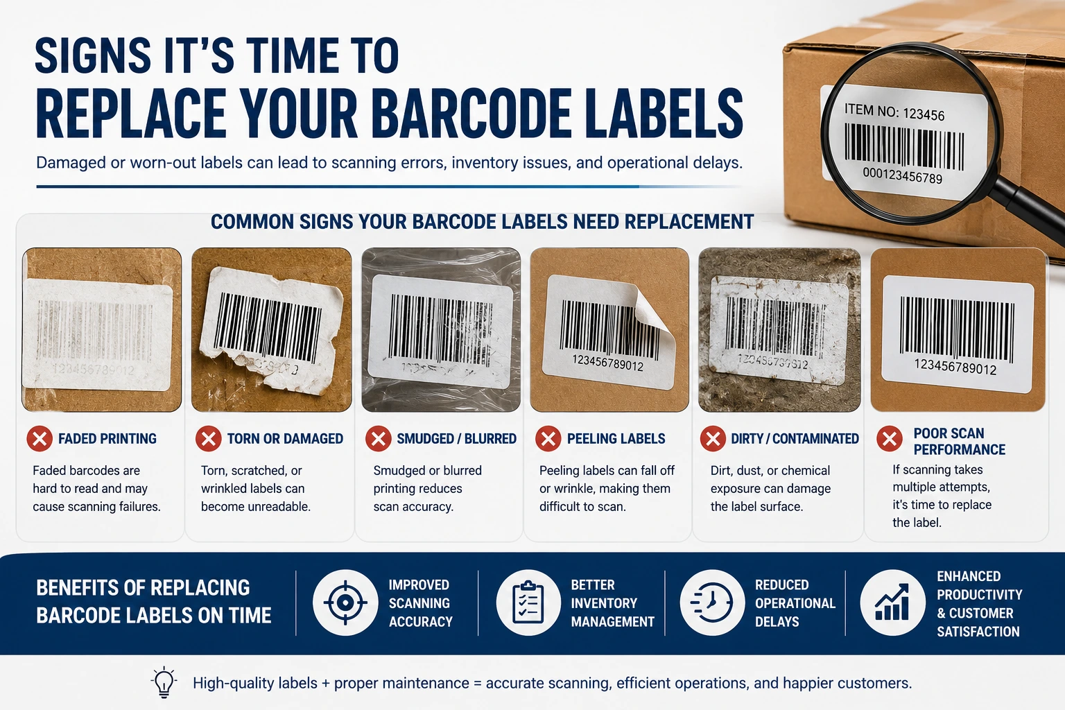 Damaged barcode labels showing signs they need replacement for better scanning accuracy